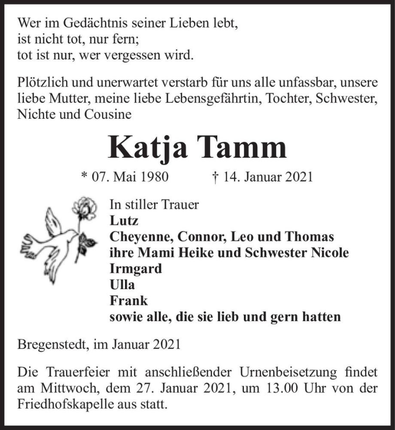  Traueranzeige für Katja Tamm  vom 20.01.2021 aus Magdeburger Volksstimme