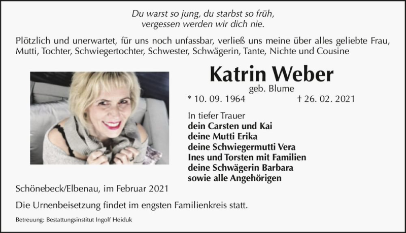  Traueranzeige für Katrin Weber (geb. Blume)  vom 06.03.2021 aus Magdeburger Volksstimme