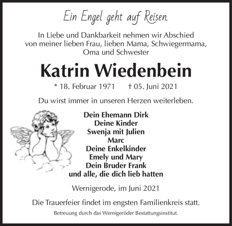  Traueranzeige für Katrin Wiedenbein  vom 11.06.2021 aus Magdeburger Volksstimme