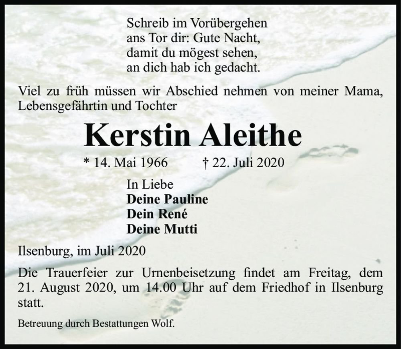  Traueranzeige für Kerstin Aleithe  vom 01.08.2020 aus Magdeburger Volksstimme