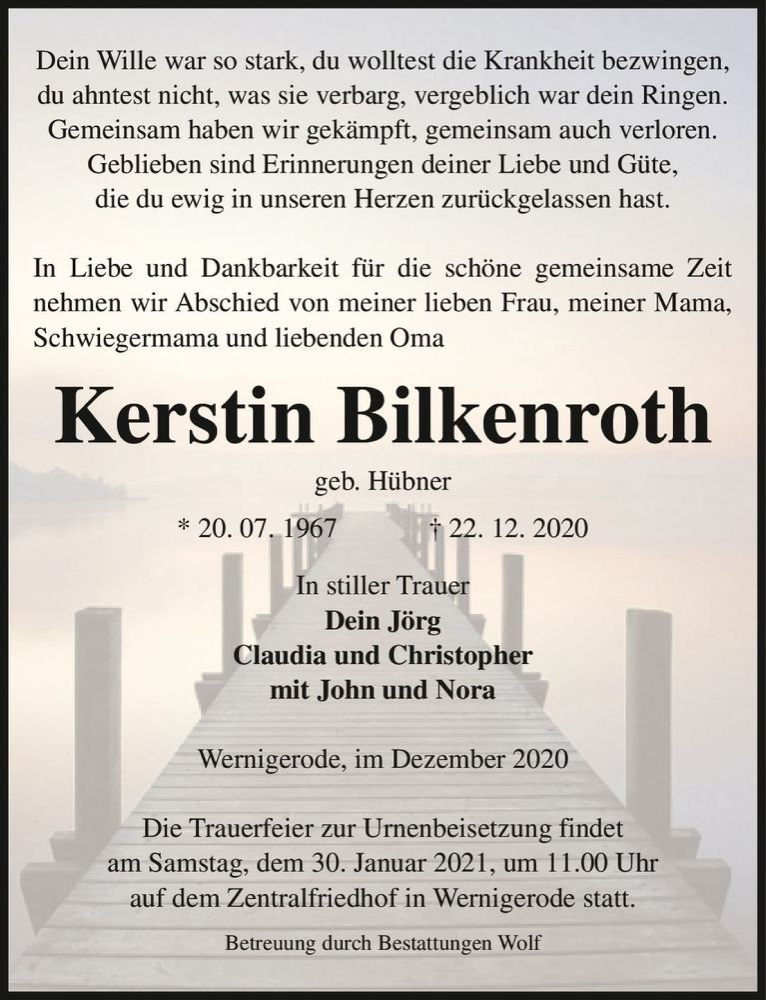  Traueranzeige für Kerstin Bilkenroth (geb. Hübner)  vom 02.01.2021 aus Magdeburger Volksstimme
