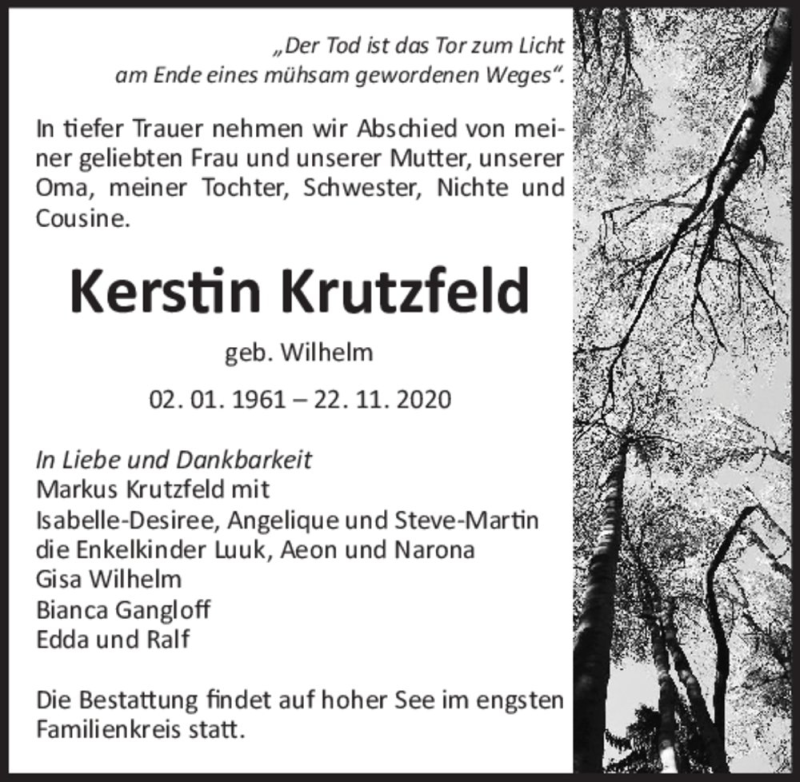  Traueranzeige für Kerstin Krutzfeld (geb. Wilhelm)  vom 05.12.2020 aus Magdeburger Volksstimme