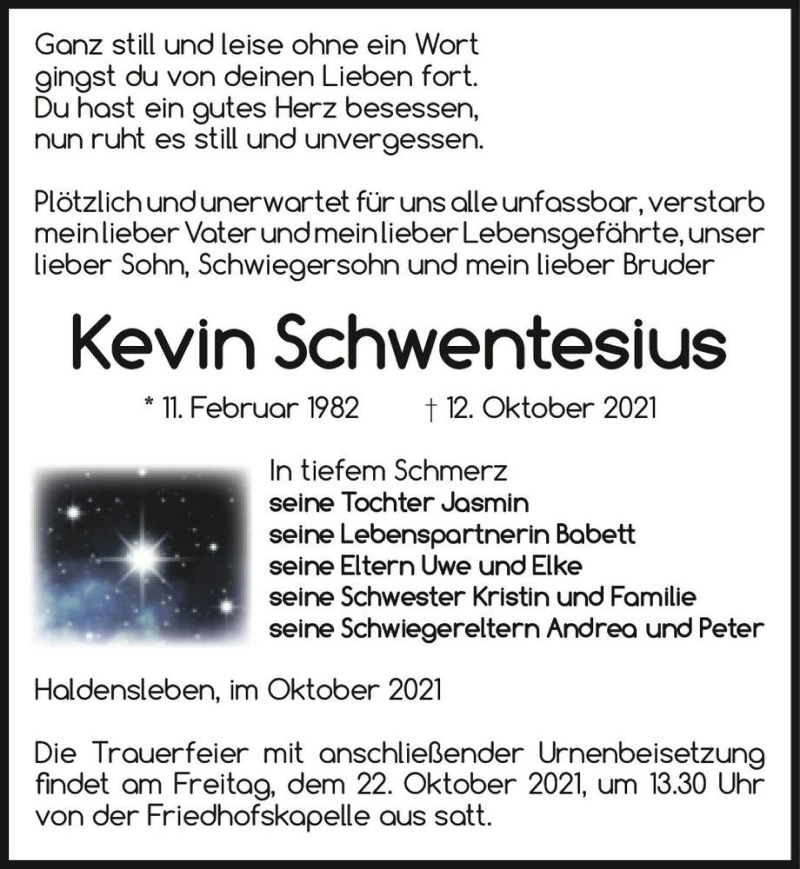  Traueranzeige für Kevin Schwentesius  vom 16.10.2021 aus Magdeburger Volksstimme