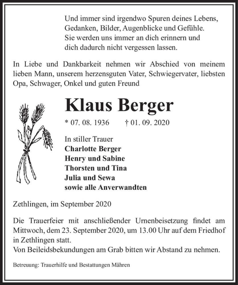  Traueranzeige für Klaus Berger  vom 12.09.2020 aus Magdeburger Volksstimme