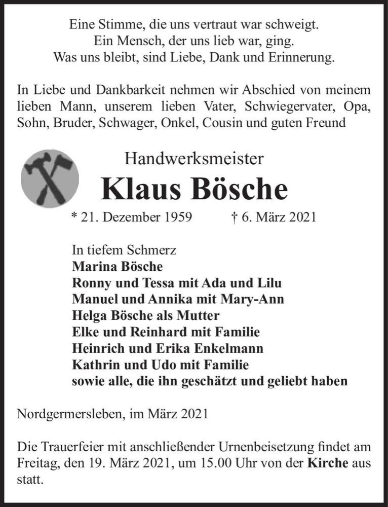  Traueranzeige für Klaus Bösche  vom 10.03.2021 aus Magdeburger Volksstimme