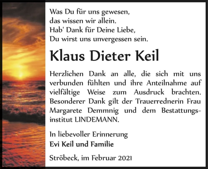  Traueranzeige für Klaus Dieter Keil  vom 27.02.2021 aus Magdeburger Volksstimme