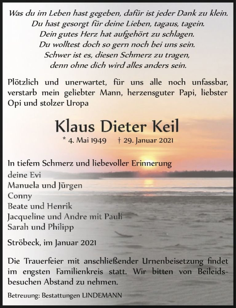  Traueranzeige für Klaus Dieter Keil  vom 06.02.2021 aus Magdeburger Volksstimme
