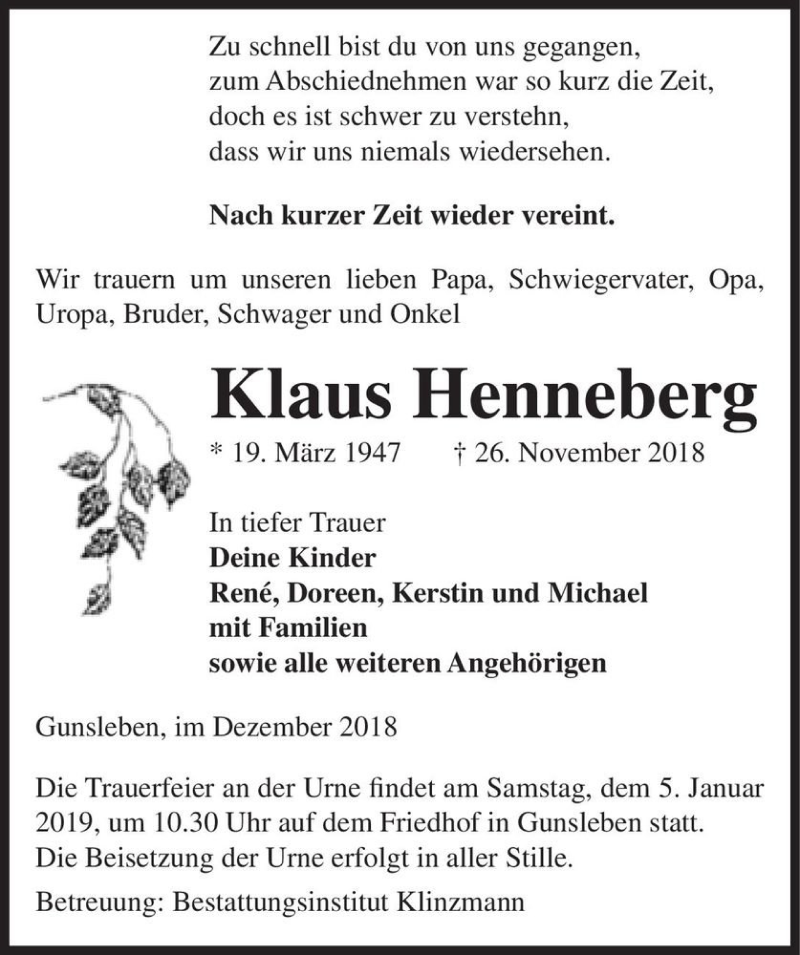  Traueranzeige für Klaus Henneberg  vom 01.12.2018 aus Magdeburger Volksstimme