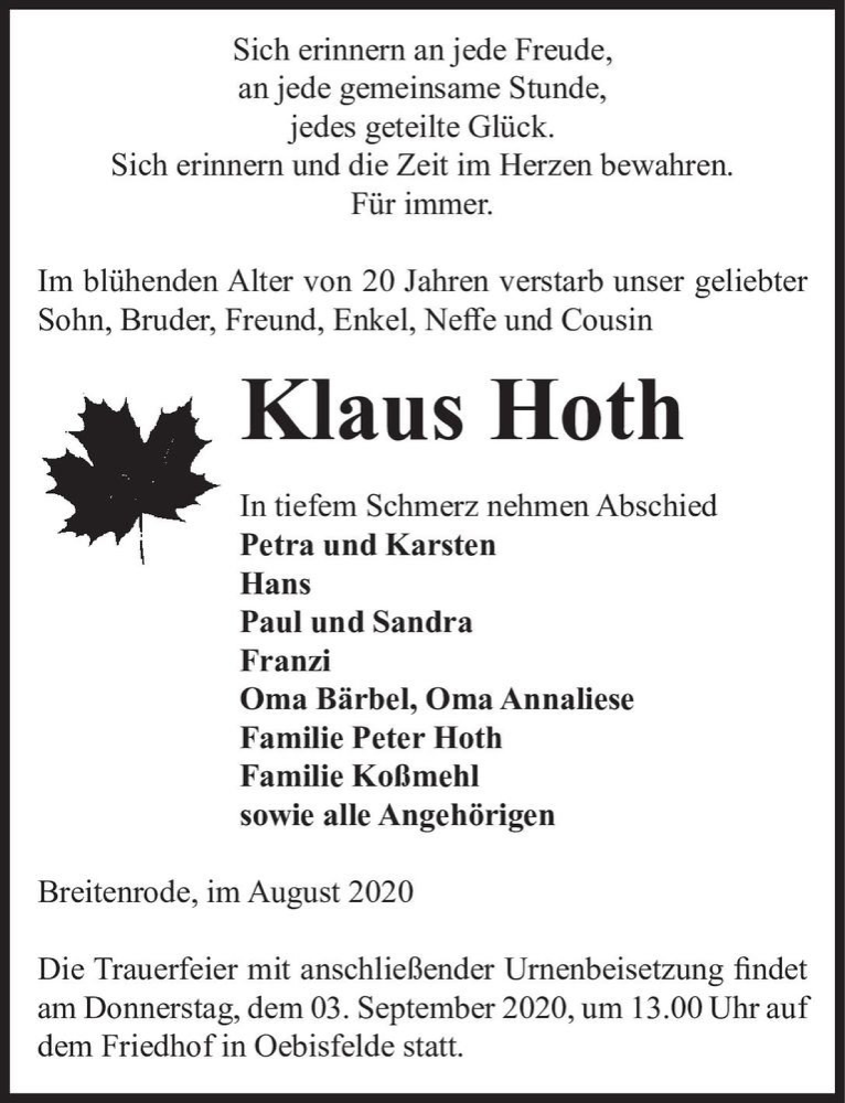  Traueranzeige für Klaus Hoth  vom 29.08.2020 aus Magdeburger Volksstimme