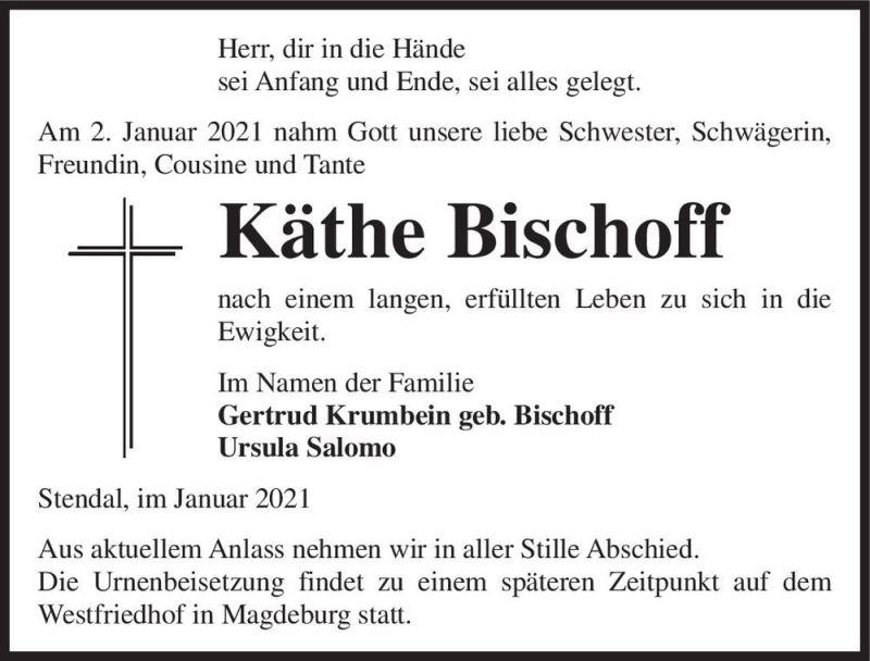  Traueranzeige für Käthe Bischoff  vom 09.01.2021 aus Magdeburger Volksstimme