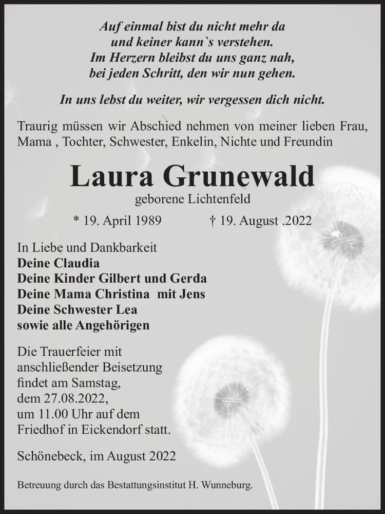  Traueranzeige für Laura Grunewald (geb. Lichtenfeld)  vom 25.08.2022 aus Magdeburger Volksstimme