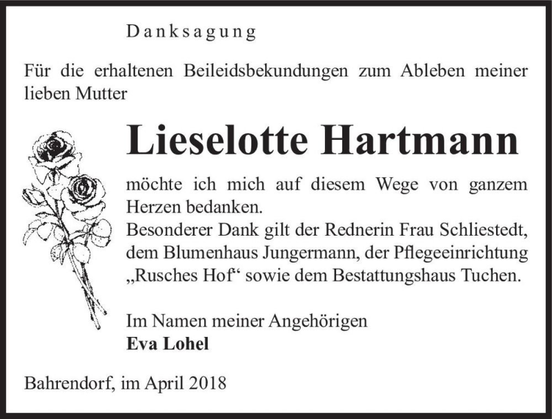  Traueranzeige für Lieselotte Hartmann  vom 14.04.2018 aus Magdeburger Volksstimme