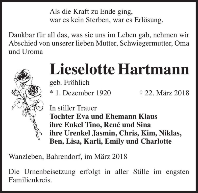  Traueranzeige für Lieselotte Hartmann (geb. Fröhlich)  vom 24.03.2018 aus Magdeburger Volksstimme