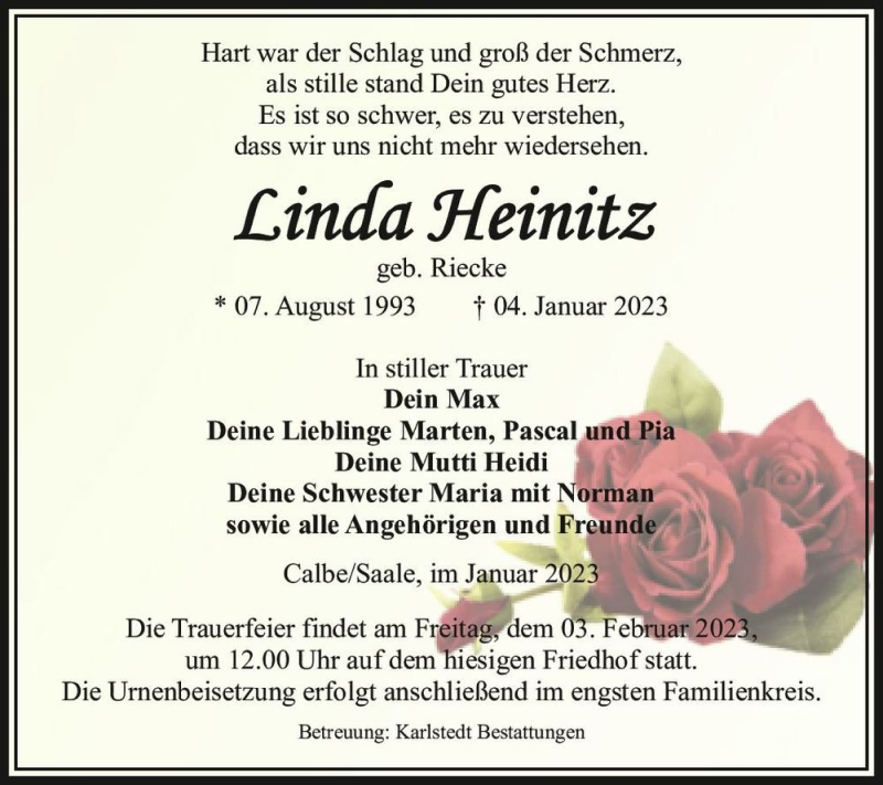  Traueranzeige für Linda Heinitz (geb. Riecke)  vom 14.01.2023 aus Magdeburger Volksstimme