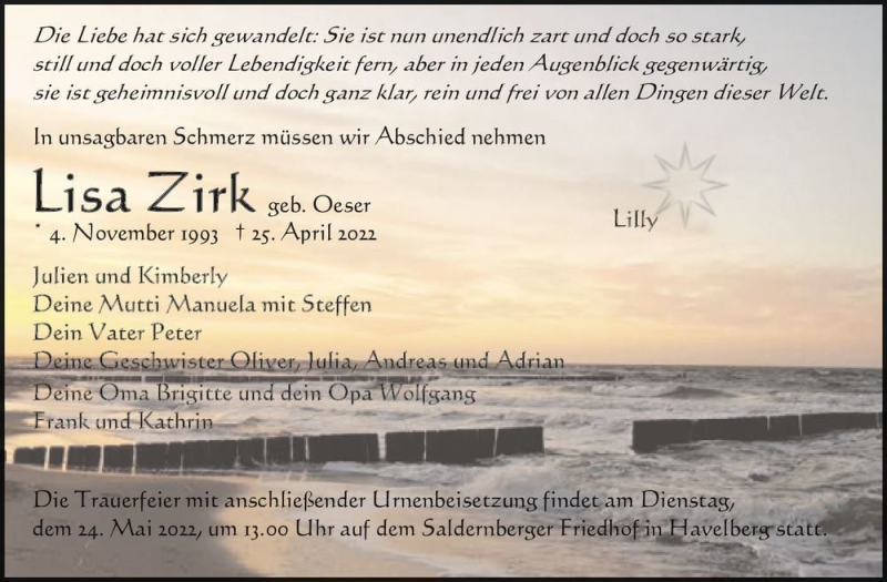  Traueranzeige für Lisa Zirk (geb. Oeser)  vom 07.05.2022 aus Magdeburger Volksstimme