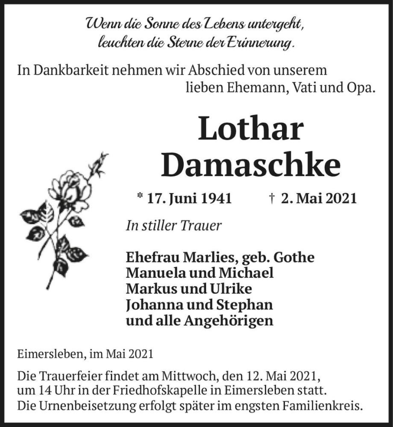  Traueranzeige für Lothar Damaschke  vom 08.05.2021 aus Magdeburger Volksstimme