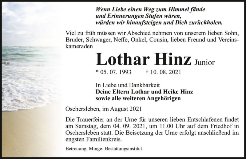  Traueranzeige für Lothar Hinz Junior  vom 14.08.2021 aus Magdeburger Volksstimme