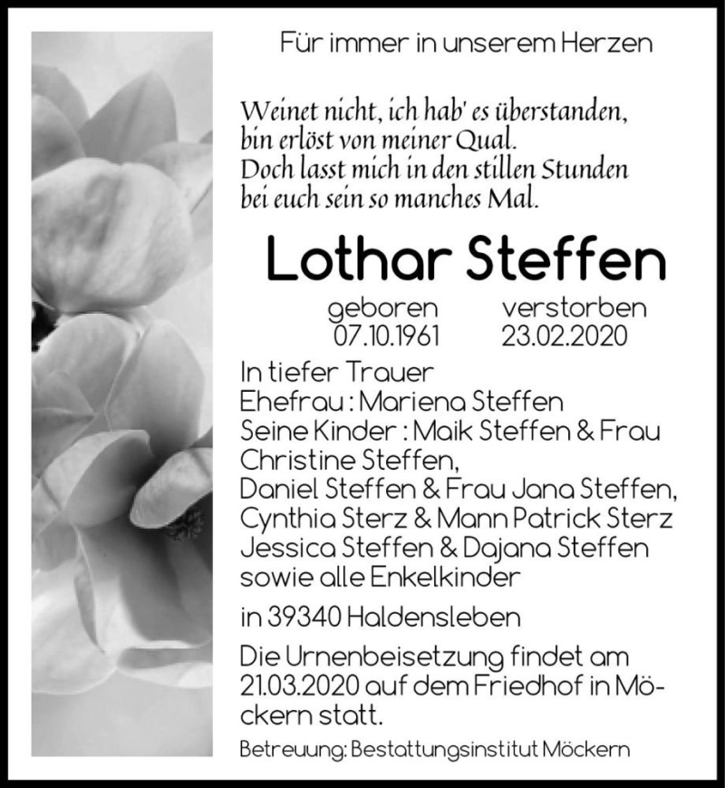  Traueranzeige für Lothar Steffen  vom 04.03.2020 aus Magdeburger Volksstimme