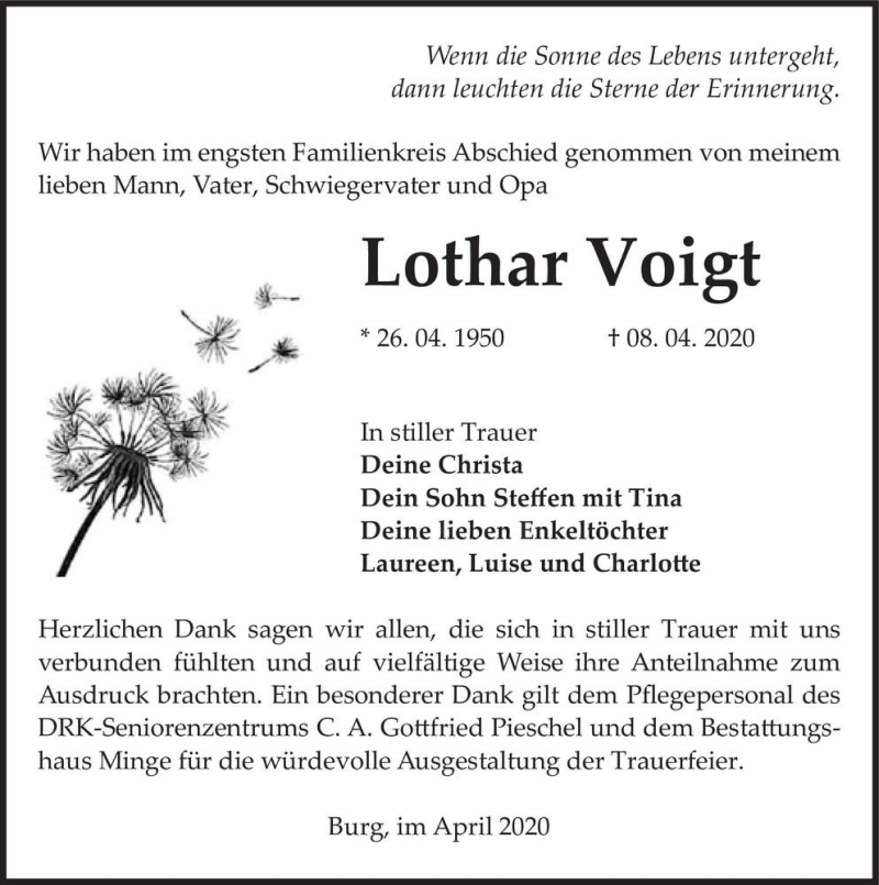  Traueranzeige für Lothar Voigt  vom 02.05.2020 aus Magdeburger Volksstimme