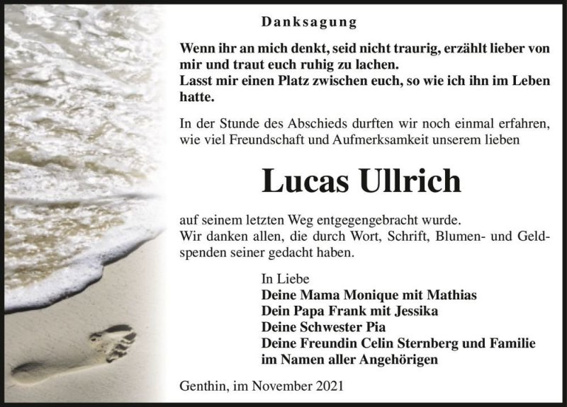  Traueranzeige für Lucas Ullrich  vom 06.11.2021 aus Magdeburger Volksstimme