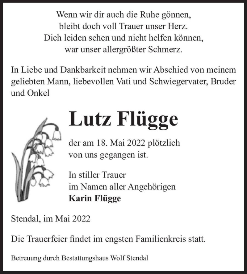  Traueranzeige für Lutz Flügge  vom 21.05.2022 aus Magdeburger Volksstimme