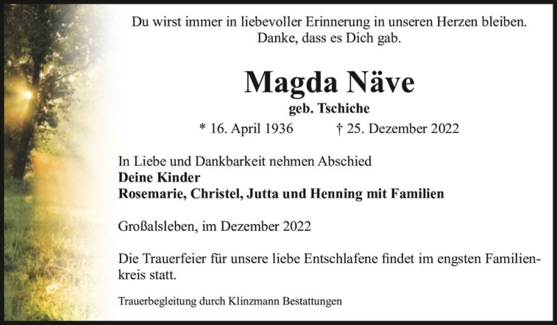  Traueranzeige für Magda Näve (geb. Tschiche)  vom 31.12.2022 aus Magdeburger Volksstimme