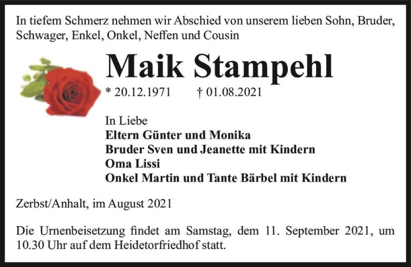  Traueranzeige für Maik Stampehl  vom 04.09.2021 aus Magdeburger Volksstimme