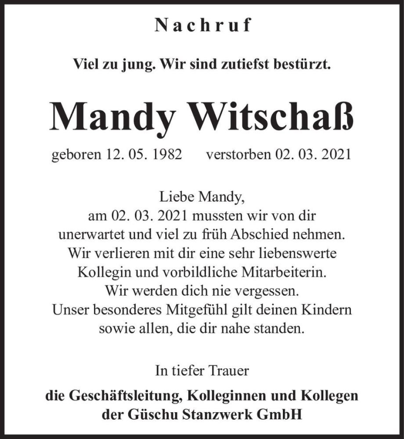  Traueranzeige für Mandy Witschaß  vom 13.03.2021 aus Magdeburger Volksstimme