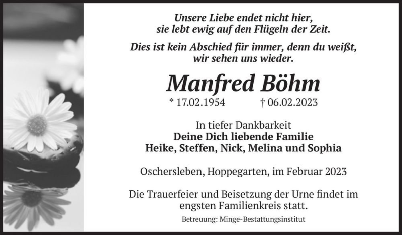  Traueranzeige für Manfred Böhm  vom 18.02.2023 aus Magdeburger Volksstimme