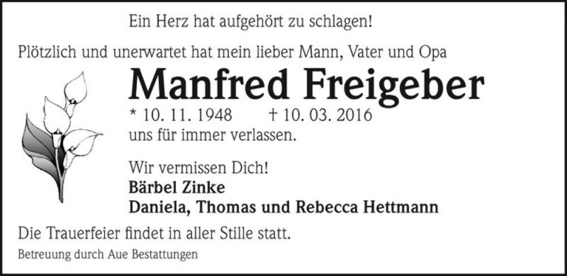  Traueranzeige für Manfred Freigeber  vom 19.03.2016 aus Magdeburger Volksstimme