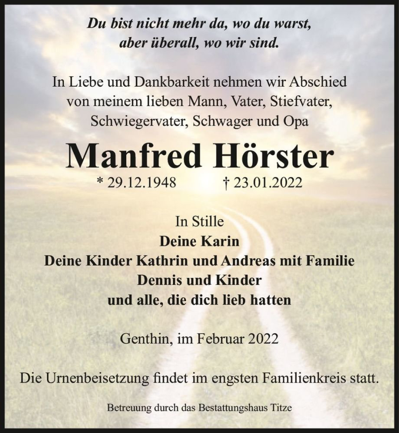  Traueranzeige für Manfred Hörster  vom 05.02.2022 aus Magdeburger Volksstimme