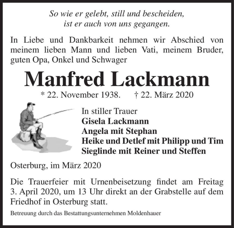  Traueranzeige für Manfred Lackmann  vom 25.03.2020 aus Magdeburger Volksstimme