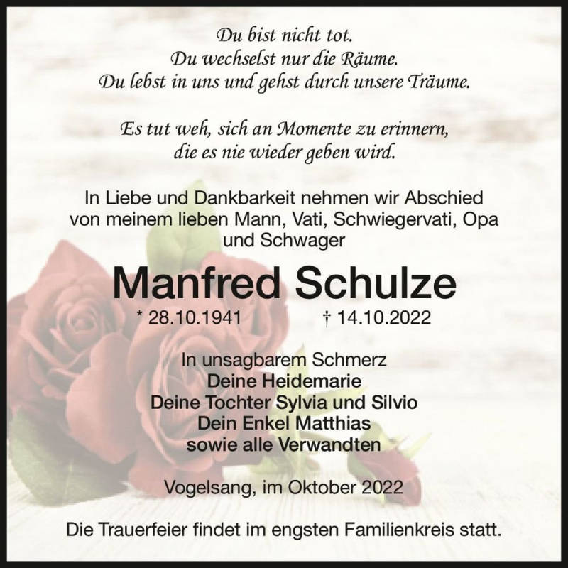 Traueranzeige für Manfred Schulze  vom 22.10.2022 aus Magdeburger Volksstimme