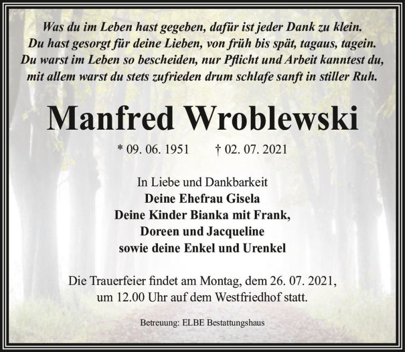  Traueranzeige für Manfred Wroblewski  vom 17.07.2021 aus Magdeburger Volksstimme