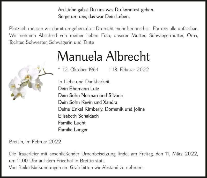  Traueranzeige für Manuela Albrecht  vom 26.02.2022 aus Magdeburger Volksstimme
