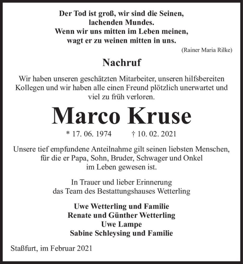  Traueranzeige für Marco Kruse  vom 20.02.2021 aus Magdeburger Volksstimme