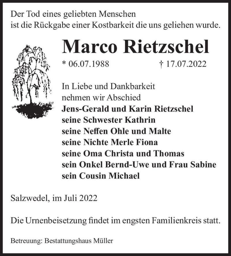  Traueranzeige für Marco Rietzschel  vom 27.07.2022 aus Magdeburger Volksstimme