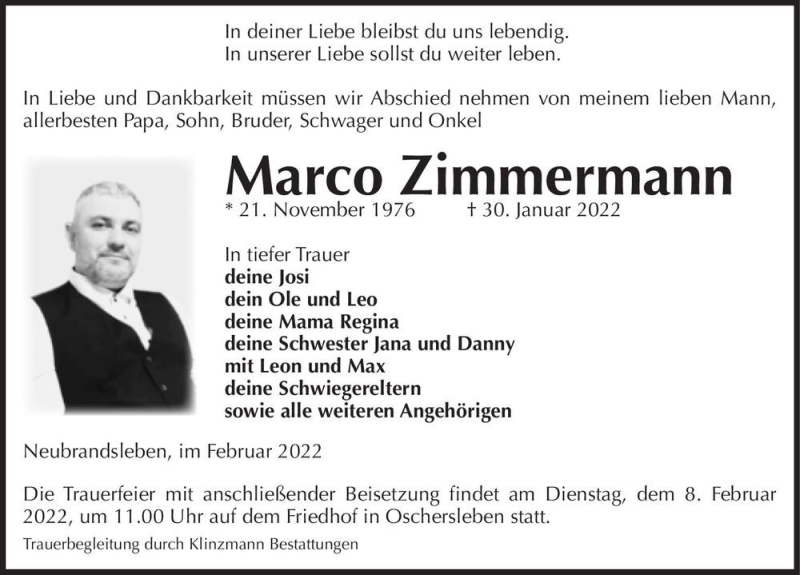  Traueranzeige für Marco Zimmermann  vom 05.02.2022 aus Magdeburger Volksstimme