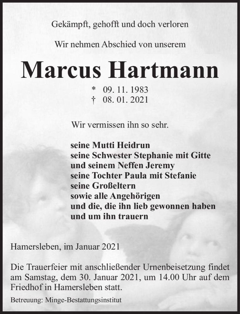  Traueranzeige für Marcus Hartmann  vom 15.01.2021 aus Magdeburger Volksstimme