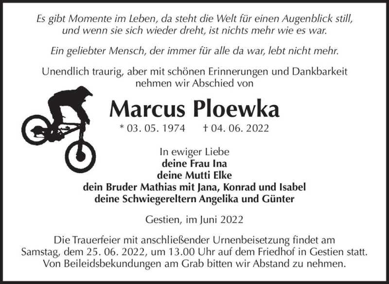  Traueranzeige für Marcus Ploewka  vom 17.06.2022 aus Magdeburger Volksstimme