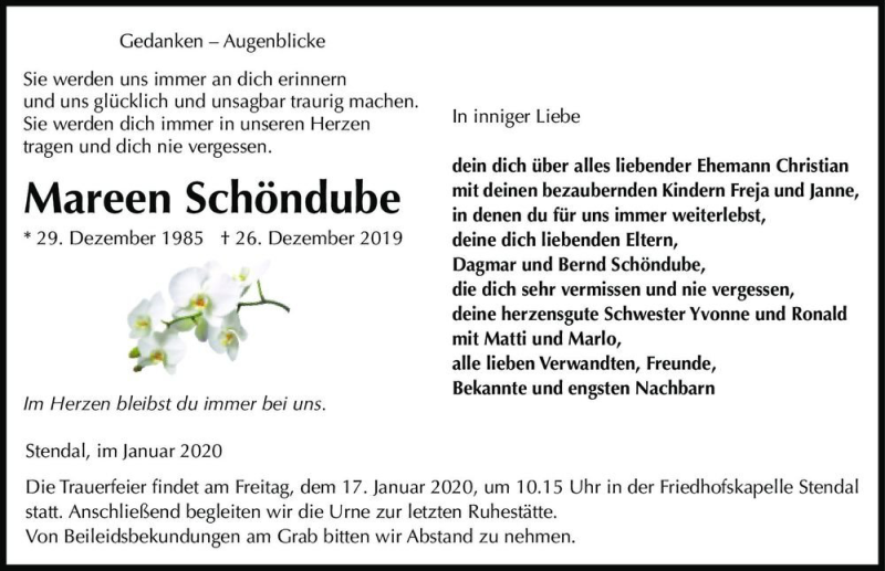  Traueranzeige für Mareen Schöndube  vom 08.01.2020 aus Magdeburger Volksstimme