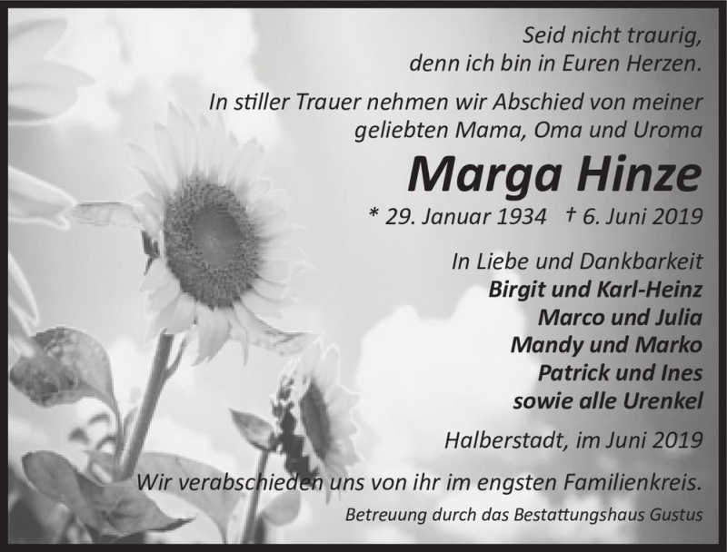  Traueranzeige für Marga Hinze  vom 15.06.2019 aus Magdeburger Volksstimme