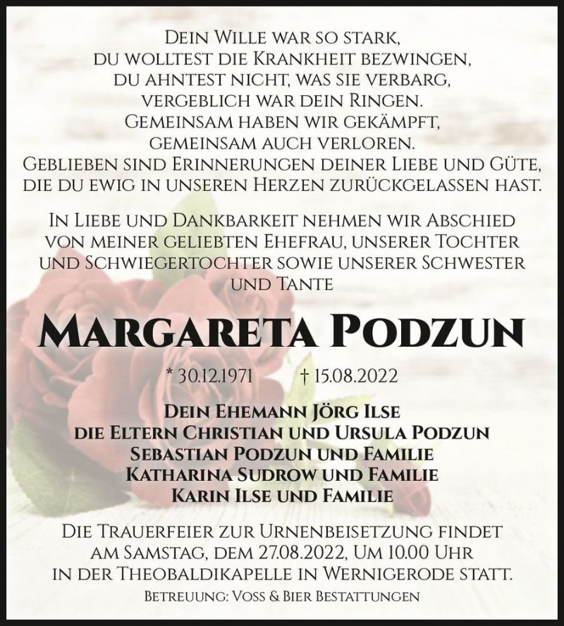  Traueranzeige für Margareta Podzun  vom 20.08.2022 aus Magdeburger Volksstimme