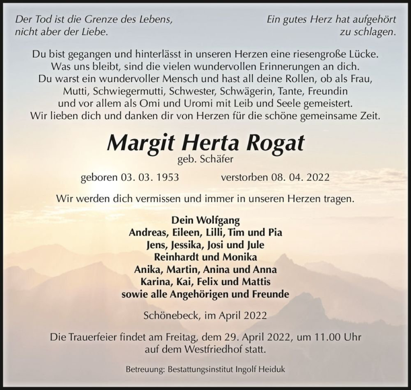  Traueranzeige für Margit Herta Rogat (geb. Schäfer)  vom 23.04.2022 aus Magdeburger Volksstimme