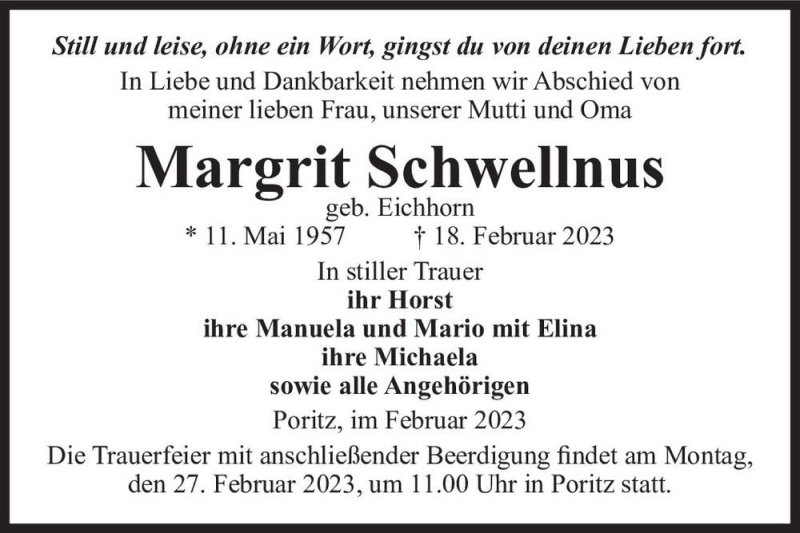  Traueranzeige für Margrit Schwellnus (geb. Eichhorn)  vom 24.02.2023 aus Magdeburger Volksstimme