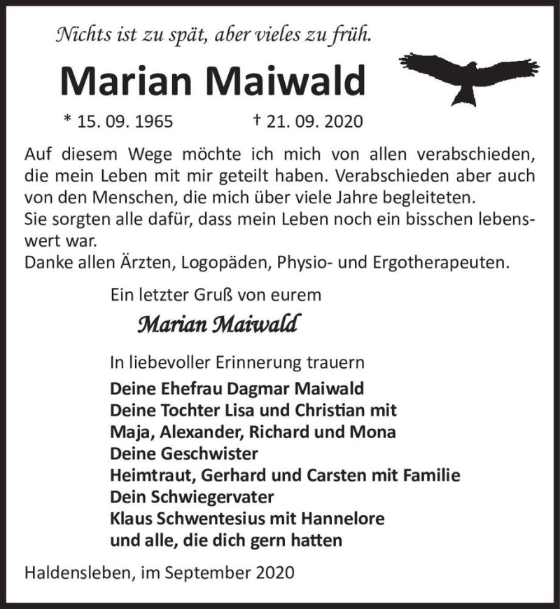  Traueranzeige für Marian Maiwald  vom 26.09.2020 aus Magdeburger Volksstimme