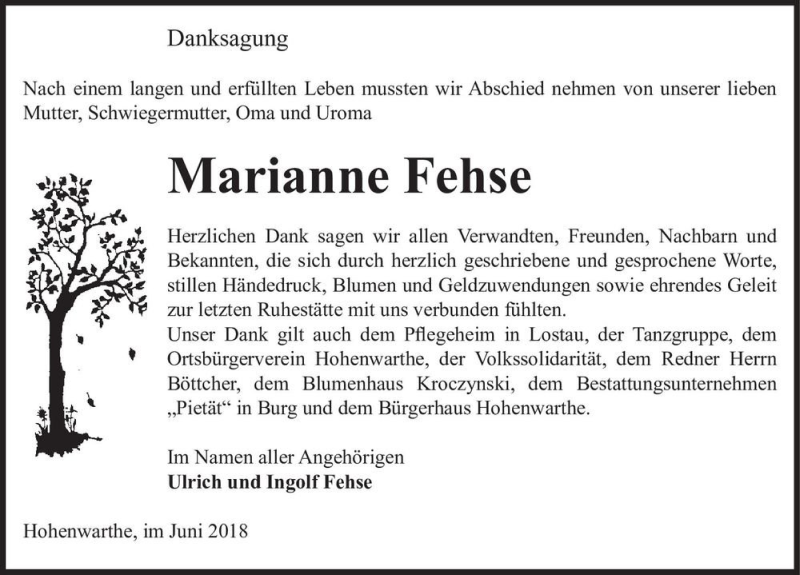  Traueranzeige für Marianne Fehse  vom 30.06.2018 aus Magdeburger Volksstimme