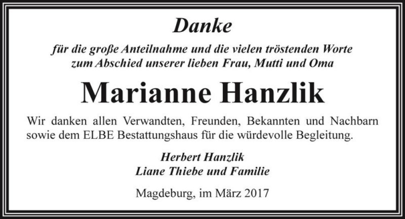  Traueranzeige für Marianne Hanzlik  vom 11.03.2017 aus Magdeburger Volksstimme
