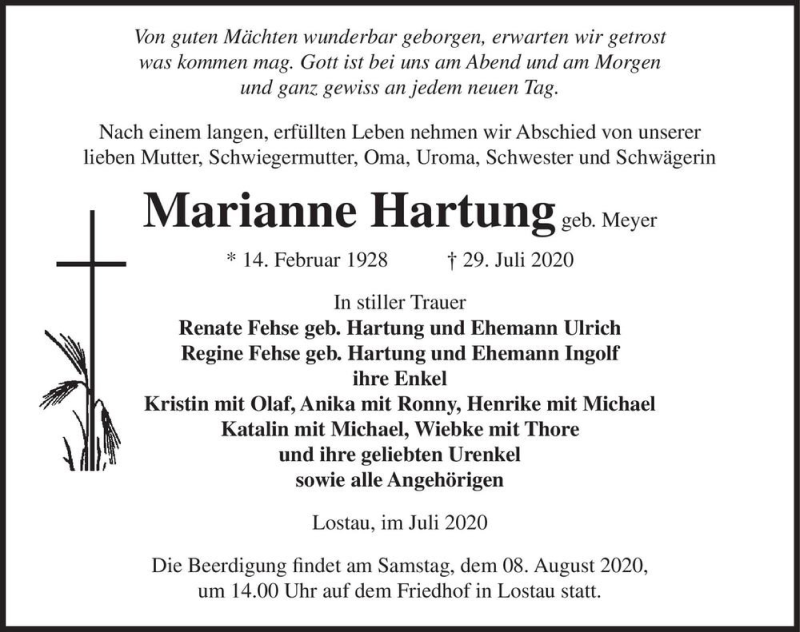  Traueranzeige für Marianne Hartung (geb. Meyer)  vom 01.08.2020 aus Magdeburger Volksstimme
