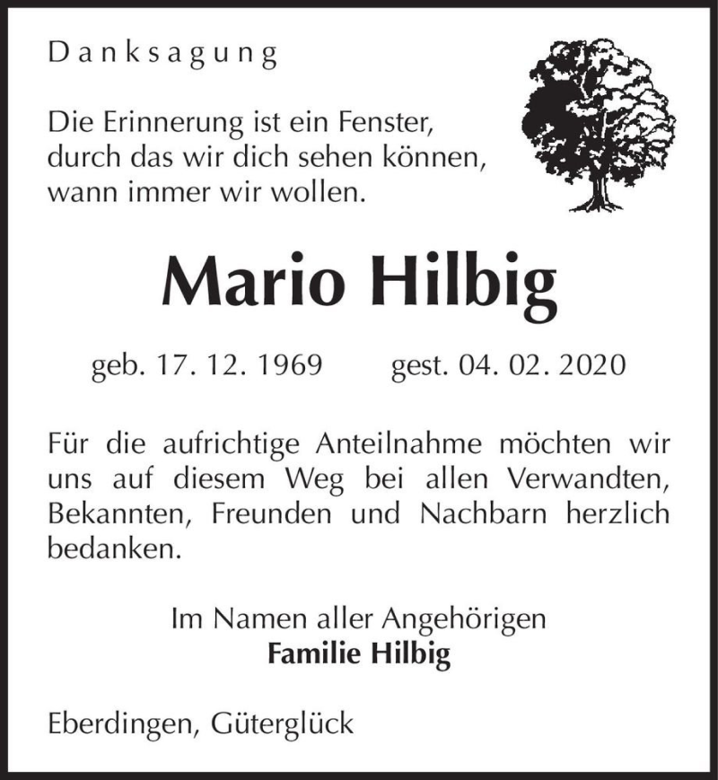  Traueranzeige für Mario Hilbig  vom 29.02.2020 aus Magdeburger Volksstimme